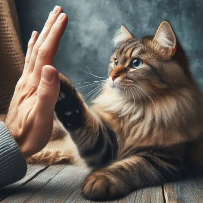 Clickern mit Katzen Eine getigerte Langhaarkatze berührt mit ihrer Pfote die Hand des Halters. sie gibt high five