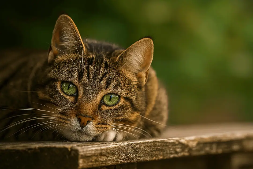 Eine braungetigerte Katze liegt auf einem Brett und sieht direkt in die Kamera