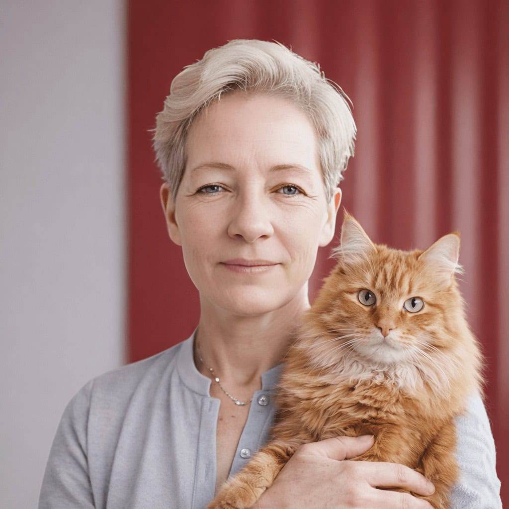 claudia riegler von harmonie katzenpsychologie mit einer roten, langhaarigen katze auf dem arm